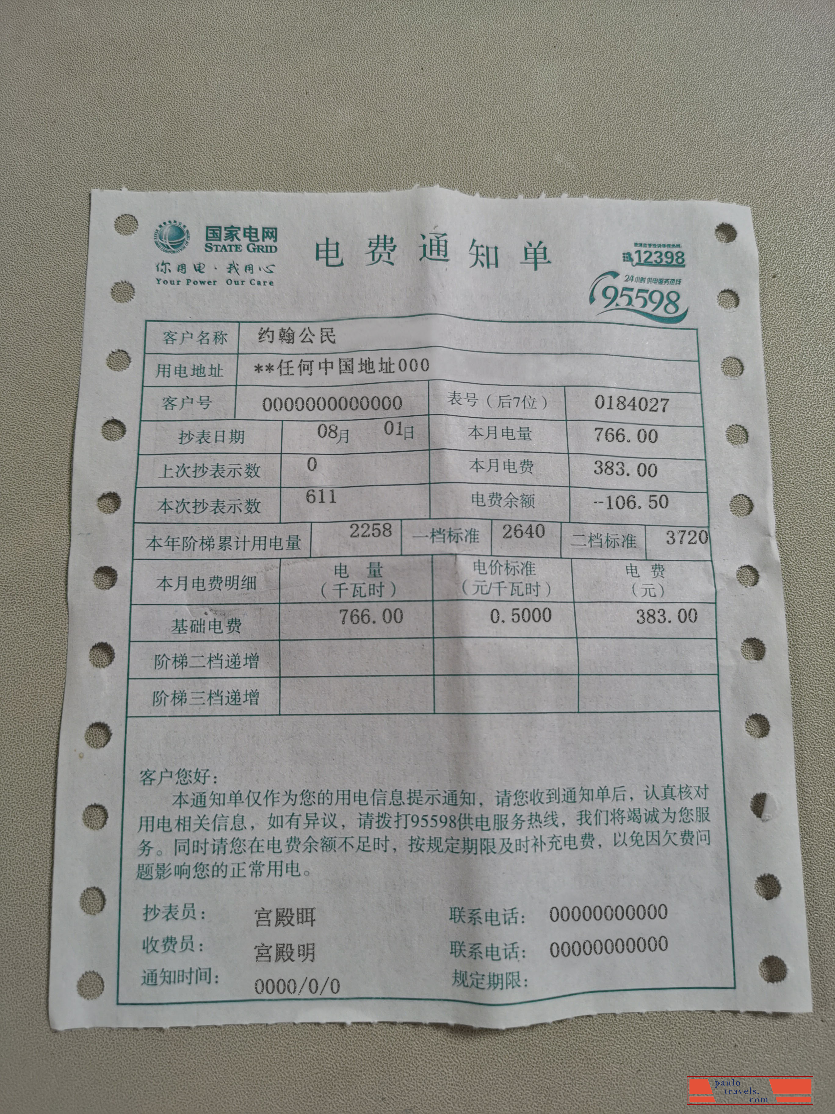 China State Grid Corporation of China (SGCC) electricity utility bill photolook